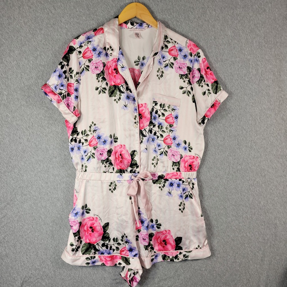 Victoria Secret Romper Womens XL Pink Floral Satin Cottagecore Shabby Chic Girly